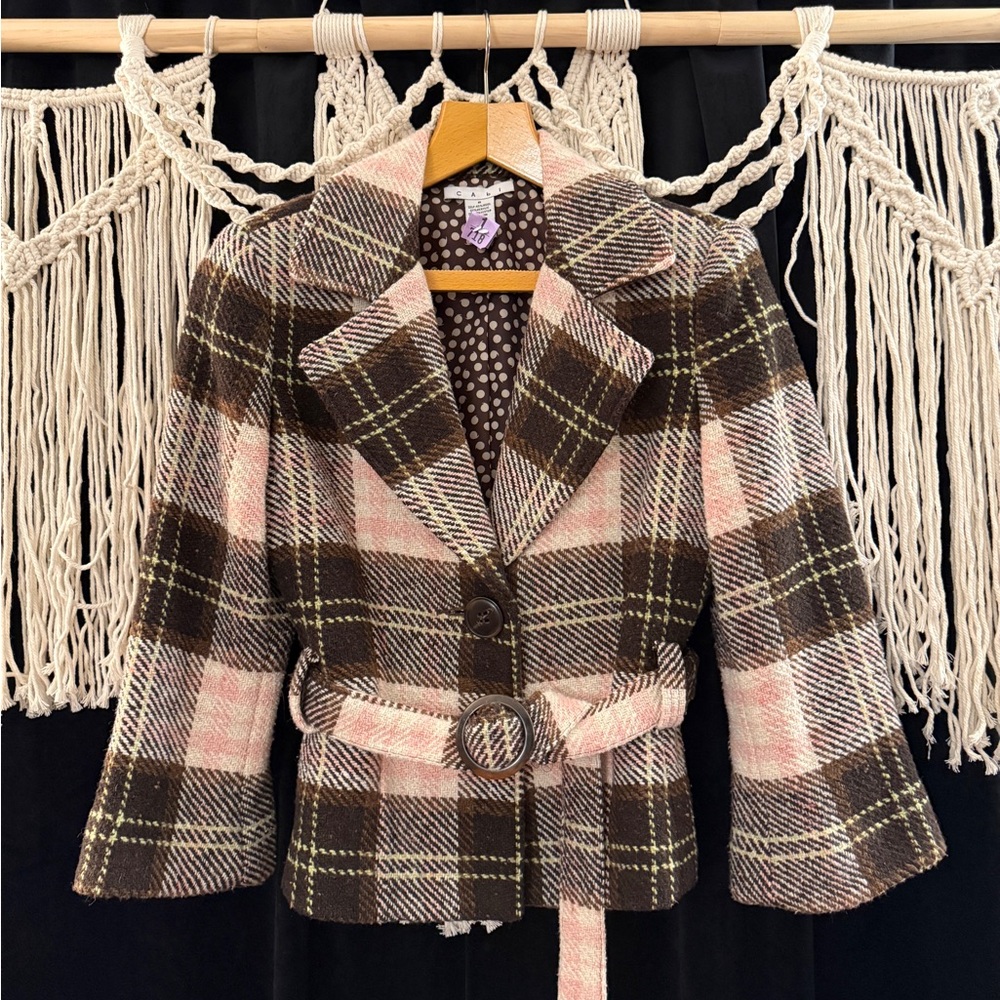 CAbi Pink and Brown Plaid Belted Blazer